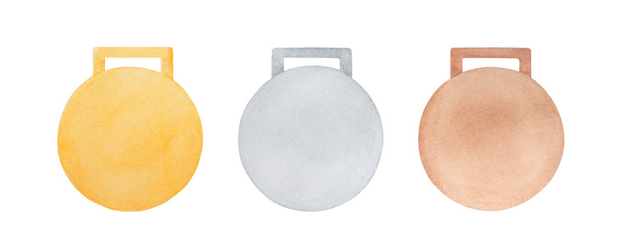 Water color illustration set of blank round medals of various classic metals: gold, silver and bronze. Hand painted watercolour graphic drawing on white background, cutout clipart elements for design.