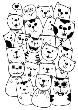 Black and white Hand draw vector, Cat Characters set style doodles illustration coloring for children vector.