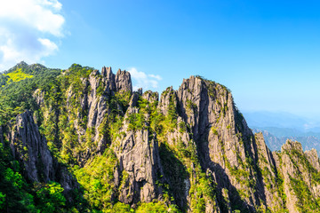 Beautiful Huangshan mountains natural landscape on a sunny day in China.
