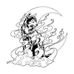 wolf and Crescent moon with cloud and star in night digital  painting vector  for printing coloring with white background © chic2view