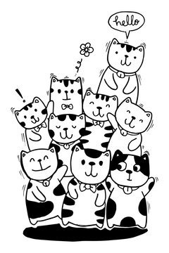 Black and white Hand draw vector, Cat Characters set style doodles illustration coloring for children vector.