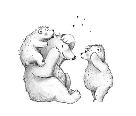 Teddy bears family mother of dad playing with cubs, hand drawn pencil monochrome sketch illustration.