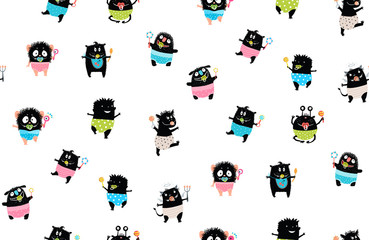 Kids seamless pattern background funny toddlers monsters wearing nappy with rattle.