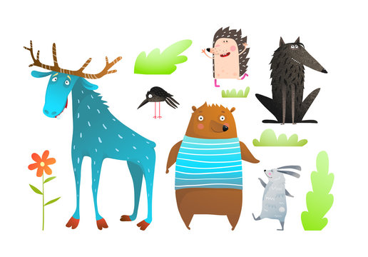 Forest animals kids cartoon of moose wolf bear rabbit crow and hedgehog, fun colorful clip art characters.