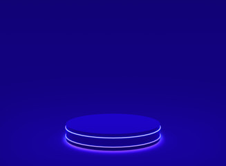 3d blue neon light cylinder podium minimal studio blue dark background. Abstract 3d geometric shape object illustration render. Display for technology product.