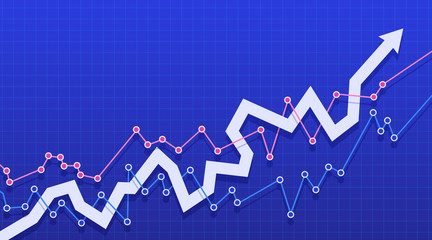An abstract financial chart with a white arrow on a blue background. Vector illustration.