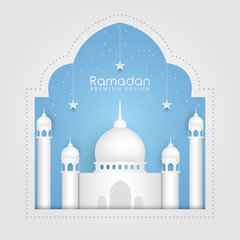 Ramadan Kareem greeting card with 3d cut mosque design background. Vector illustration.