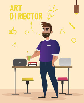 Bearded Man Art Director On Office Desk Background. Design Studio. Office Interior. Creative Appearance. Graphic Developers. Vector Illustration. Design Project. Presentation Project. Glass Lemonade.