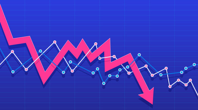 Arrow pointing downwards showing crisis. Stock or financial market crash with red arrow on a blue background. Vector illustration.