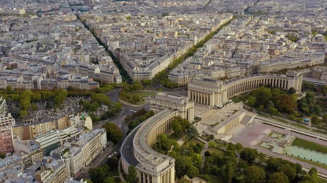 PARIS, FRANCE - MAY, 2019: Aerial drone view of the Chaillot palace and Trocadero garden near the Eiffel tower.