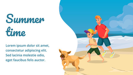 Summer Time Banner. Cartoon Happy Family Play with Dog on Sand Beach Vector Illustration. Father Son Puppy Seashore Travel. Dad Child Recreation. Seaside Holidays. Sea Coast Trip Vacation