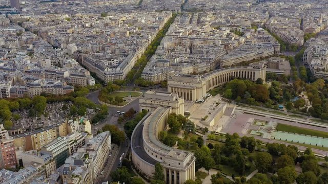 PARIS, FRANCE - MAY, 2019: Aerial drone view of the Chaillot palace and Trocadero garden near the Eiffel tower.