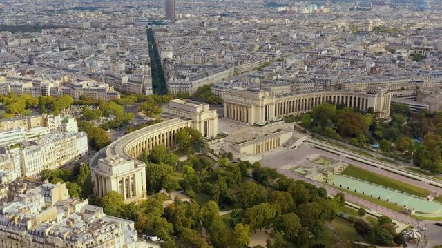 PARIS, FRANCE - MAY, 2019: Aerial drone view of the Chaillot palace and Trocadero garden near the Eiffel tower.