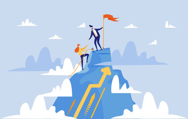 Young Man in Blue Suit and Tie, Making Reach for His Partner, Persistent Woman, to Help Her to Get on Mountain Top. Success in Business is Compared with Climbing High Hills. Teamwork and Support.