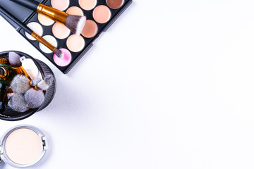 Feminine and vanity concept. Flat lay composition of make ups 