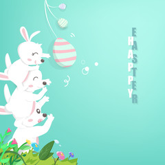 Cute rabbit with family playing in garden, greeting card, Happy Easter, cartoon invitation background, culture and religion vector illustration