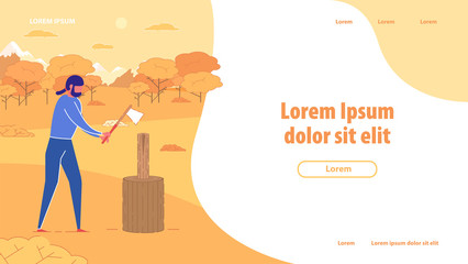 Chopping Wood Banner. Man with Axe in Hands Chop Wood Vector Illustration. Lumberjack Service. Cutting Wooden Logs for Winter. Prepare Firewood in Autumn. Eco Energy for Rural Living