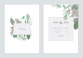 Wedding invitation card template design, bottle brush branches and various leaves on white