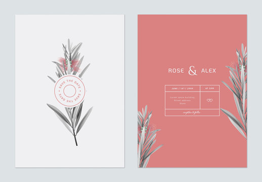 Minimalist wedding invitation card template design, bottle brush branches in grey and red tones