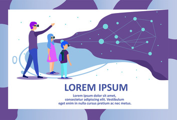 Teacher and Kids in VR Glasses. Studying Astronomy via Augmented Reality. Cartoon Man and Children Enjoy Virtual Galaxy Adventure with Constellations and Starry Sky. Flat Banner. Vector Illustration