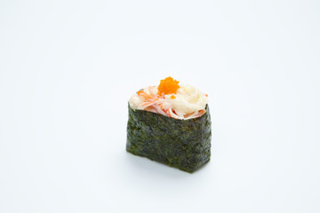 crab stick salad maki Sushi on white background, Japanese food.