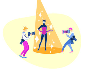 Best Film Award Festival Red Carpet. Famous Beautiful Actress Character in Superhero Costume Posing for Photo in Light Beam. Correspondents with Cameras Shooting. Cartoon Flat Vector Illustration