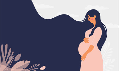 Modern banner about pregnancy and motherhood. Poster with a beautiful young pregnant woman with long hair and place for text. Minimalistic design, flat cartoon vector illustration. - obrazy, fototapety, plakaty