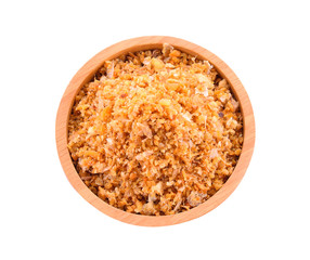 Fry the garlic in a bowl on a white background.