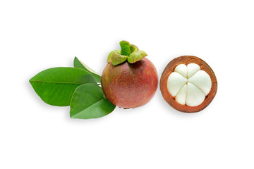 Mangosteen fruit and cross section showing the thick purple skin and white flesh of the queen of fruits.