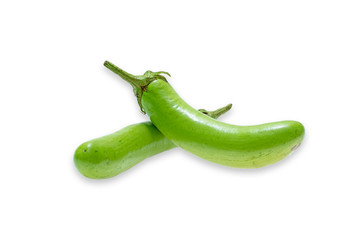 Fresh green long eggplant on white background.