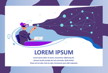 Woman in VR Glasses Headset Working on Creation Cyberspace or Universe. Designer Using Augment Reality and Laptop. High Technologies. Holographic Projection. Ad Text Banner. Vector Flat Illustration