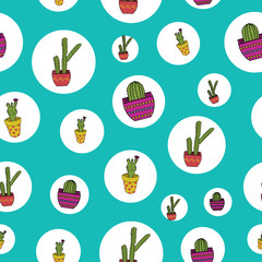 Cute hand drawn cacti and mexican hats seamless vector pattern background.