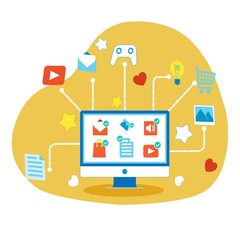 Cartoon Computer Monitor with System Applications and Social Media Flat Vector Icons, Rating Stars and Hearts Signs around. Webshop Advertising Design. Customer Review Evaluation. Cutout Illustration