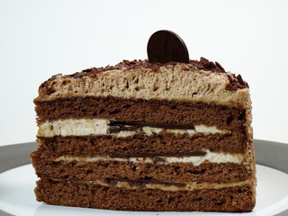 Delicious chocolate sponge cake layered with chocolate cream and finished with chocolate flakes and chocolate coin.