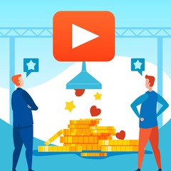 Social Media Market Optimization and Development Online Video Tutorial. Men Standing and Looking at Funneling Likes and Rating Stars Changed on Money Gold Coins. Vector Business Metaphor Illustration