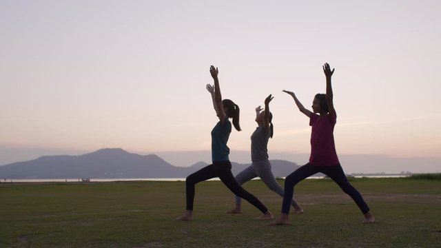 Asian Group of young people practicing yoga position outdoor while standing on the meadow in the summer at sunset or sunrise. Concept of wellness and meditation