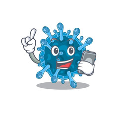 Mascot design of microscopic corona virus speaking on phone