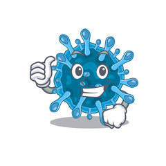 Cool microscopic corona virus cartoon design style making Thumbs up gesture