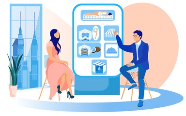 Woman and Man Presenters, Sitting in Trendy Studio by Infomercial Stand, Discussing Orthopedic Mattresses with Natural Cotton or Coconut Fiber, Having Waterproof Cover and Massage Properties.