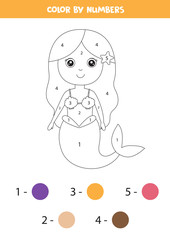 Math game for children. Color cute mermaid by numbers.