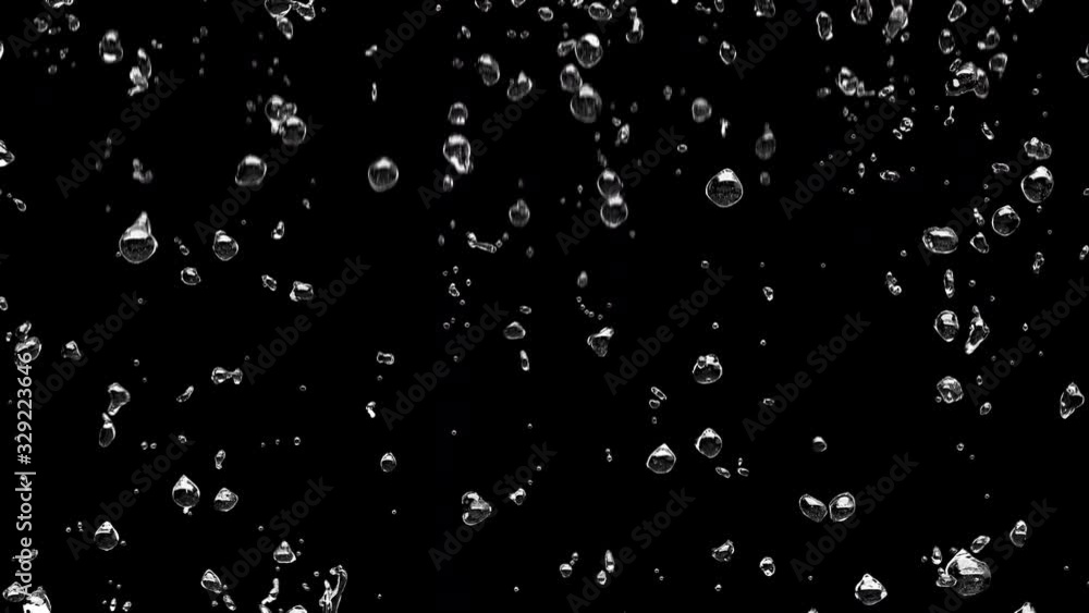 Poster close up rain falling down on black color background. selective focus. 4k. 3d animation with alpha c