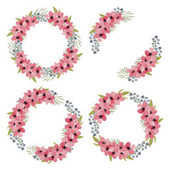 Watercolor pink petal flower wreath collection