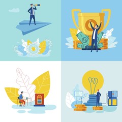 Striving for Higher Profit, Financial Progress and Success. New Business Goal, Target Achievement with Cartoon People Characters Planning and Working for Career Growth. Flat Vector Illustration.