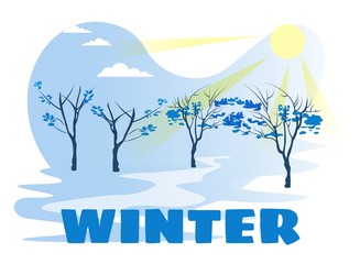 Winter Presentation Banner with Natural Design. Sunny, Snowy Weather. Forest or Woodland Landscape. Trees under Show Cover. Merry Christmas, Happy New Year Template. Vector Cartoon Flat Illustration