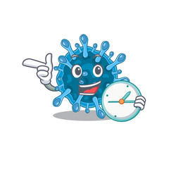 Cheerful microscopic corona virus cartoon character style with clock