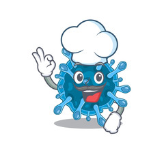 Cute microscopic corona virus cartoon character wearing white chef hat