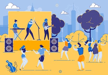 Informative Flyer Summer Dance Party City Park. Musical Group Performs in an Open Area Park. Boys and Girls Listen to Music and Dance. Happy Summer Pastime in Park. Vector Illustration.
