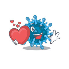 A romantic cartoon design of microscopic corona virus holding heart