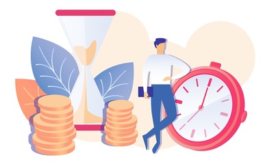 Cartoon Businessman Watch Clock Stopwatch Timer Vector Illustration. Hourglass Running Coin Stack. Business Company Financial Income Increase. Worker Payment Work Hour Time Management Productivity
