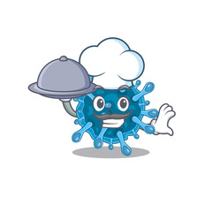 Microscopic coronavirus as a chef cartoon character with food on tray